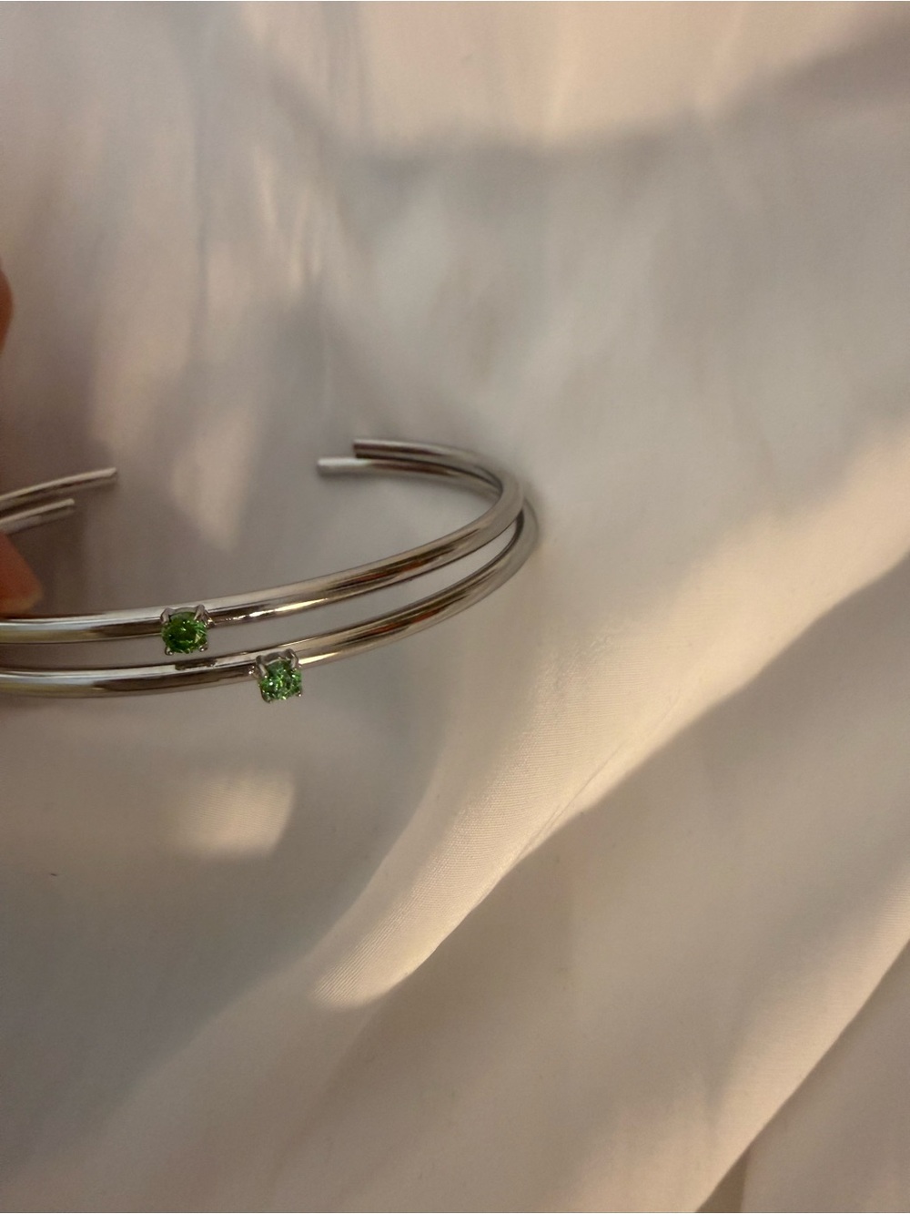 SET OF 2- Double Joy! Band Silver Cuff Bracelet with Green Stone Accents